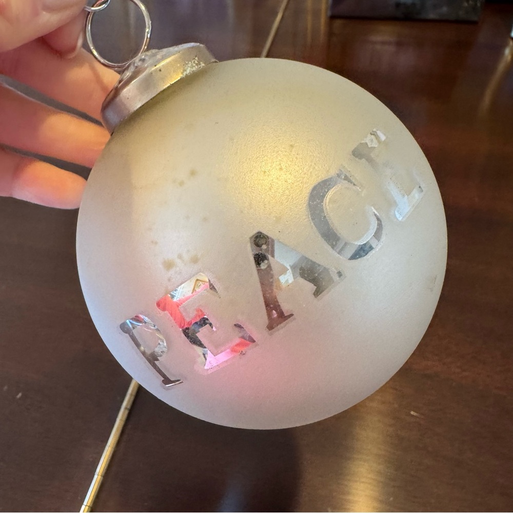 Pottery Barn PEACE Glass Ornament Frosted Ball Silver Vintage